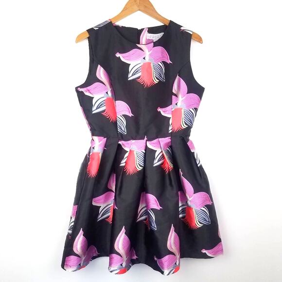 Floral Pink Black Fit and Flare Dress Sleeveless Orchid Large New! Hesperus - Picture 1 of 4